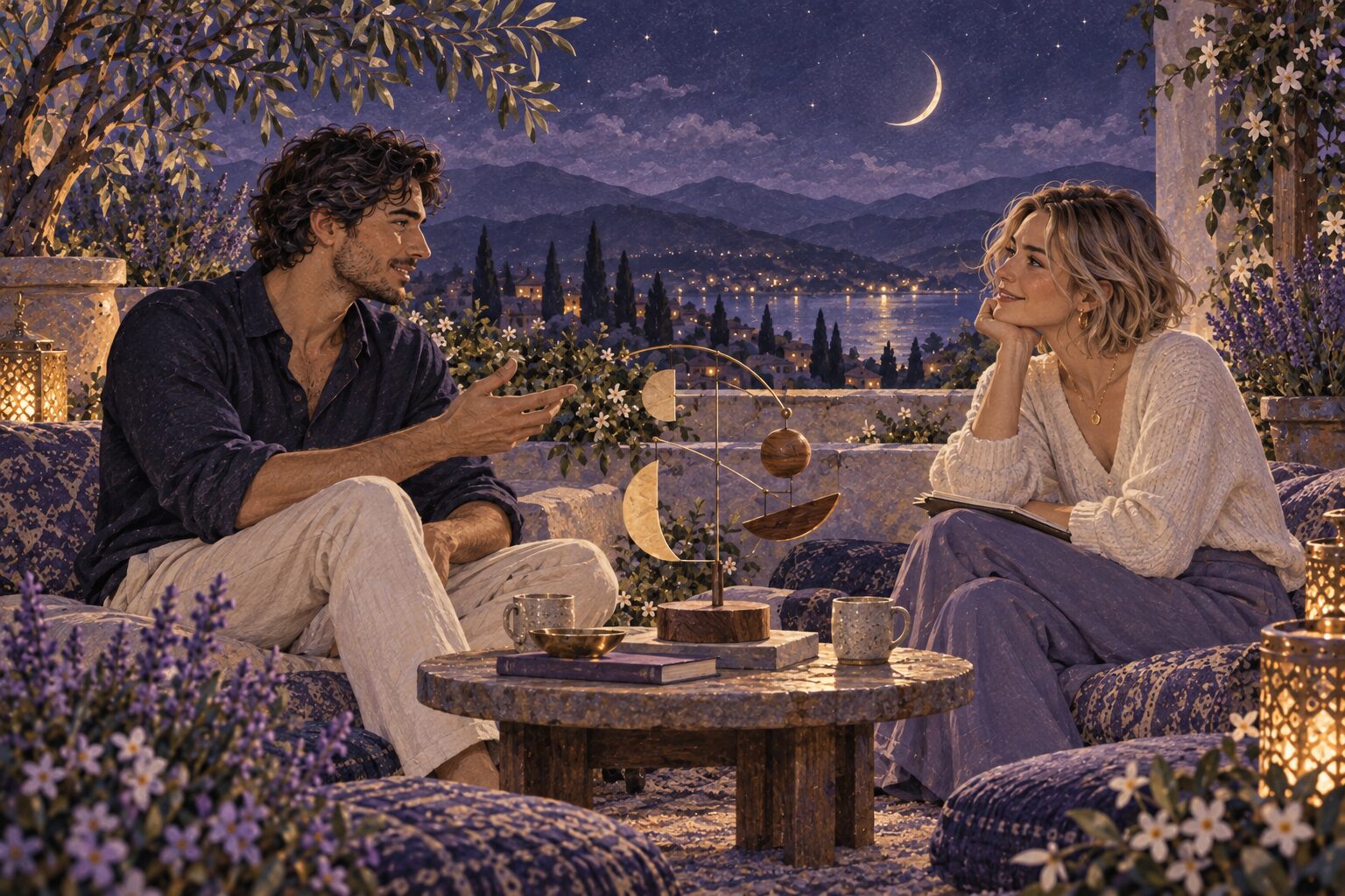 Két felnőtt beszélget egy fa egyensúlyszobor mellett, holdfényes kerti teraszon.